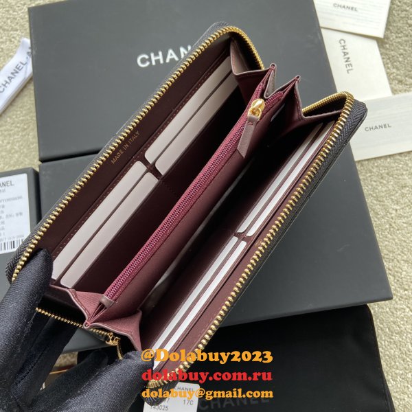 1:1 Mirror CC Leather Matelasse Round Zipper Long Wallet A50097