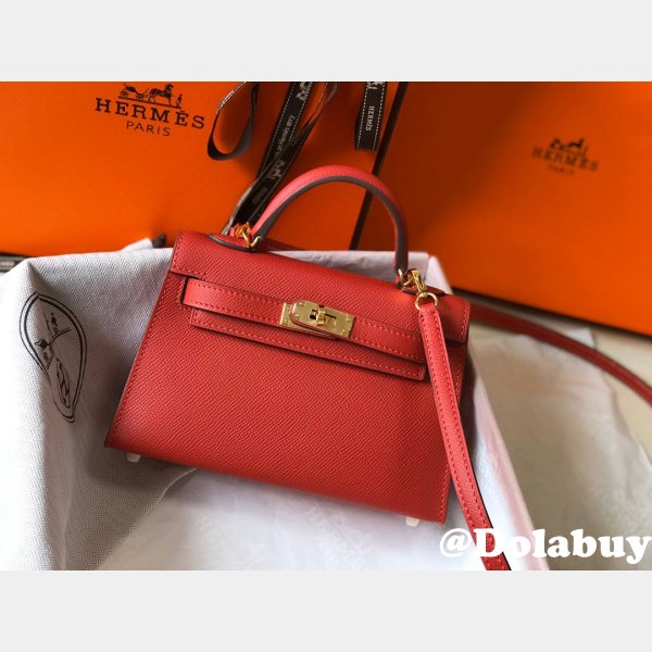 Designer Hermes Red Mini Kelly Handbag Epsom leather