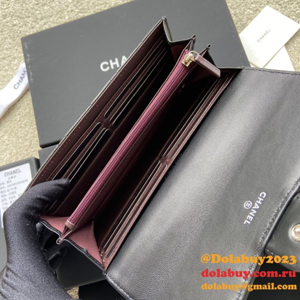 Top Quality CC Leather Chevron Flap Long Wallet A80758