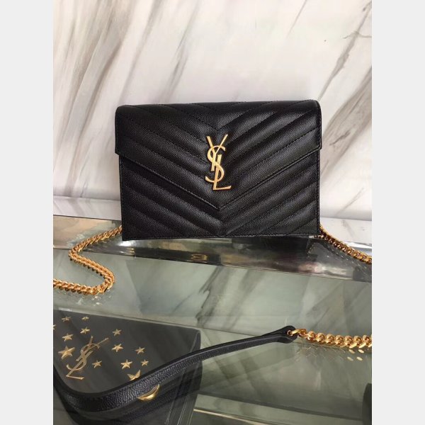 YSL Best Monogram Chain 19CM Black Grain De Poudre Embossed