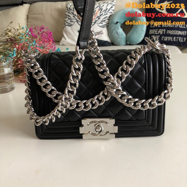 High Quality CC Le Boy 7 Star Best Black Bags lambksin 20cm