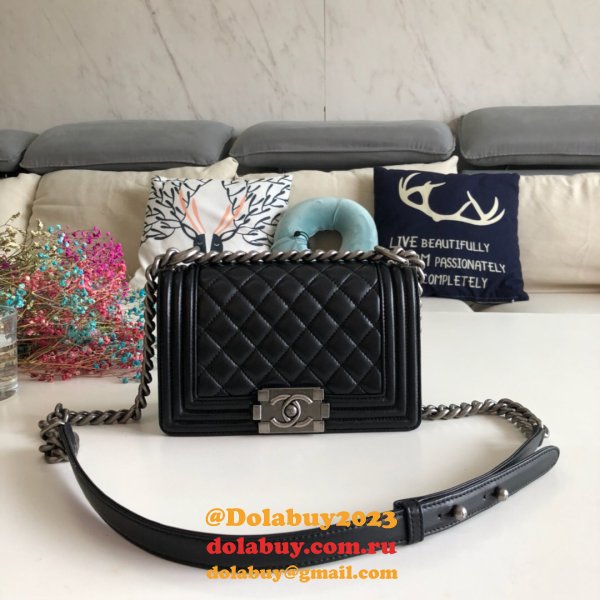 High Quality CC Le Boy 7 Star Best Black Bags lambksin 20cm