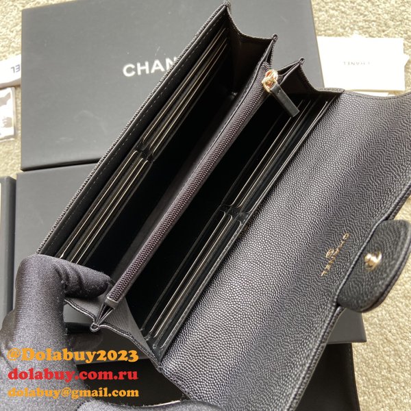 Top Quality CC Leather Chevron Flap Long Wallet A80758