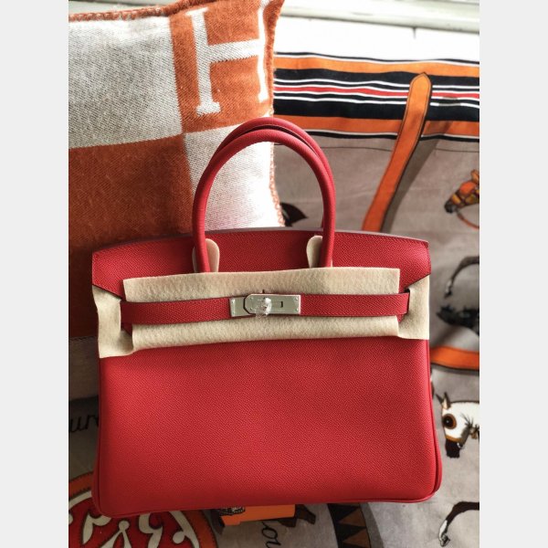 Hermes Birkin Epsom leather Handbags Red Silver Inspired