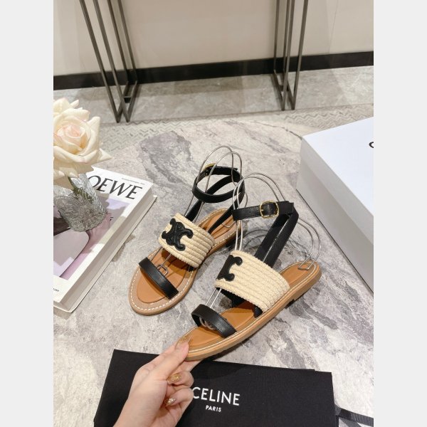 High Quality bag Celine LYMPIA FLAT STRAP SANDAL in RAFFIA & CALFSKIN