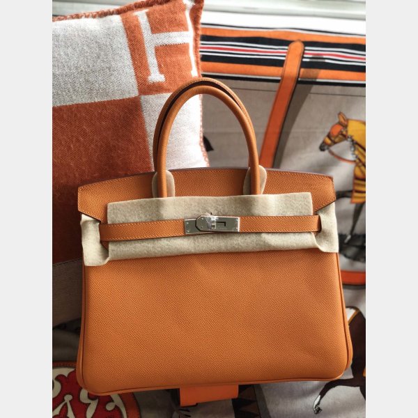 Hermes Birkin Epsom leather Handbags Orange Silver AAA+